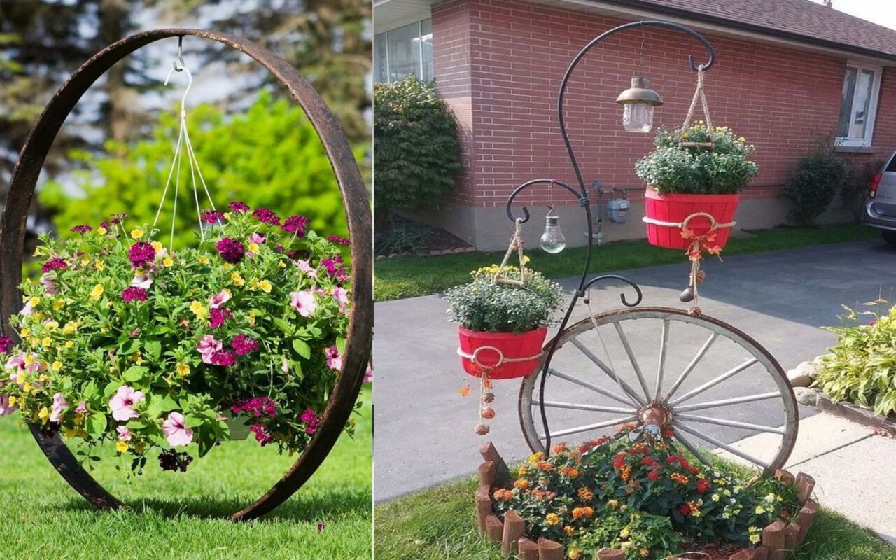 DIY κατασκευές κηπου με τροχούς κάρων,διακόσμηση κήπου,ιδέες διακόσμησης κήπου,επαναχρησιμοποίηση,
