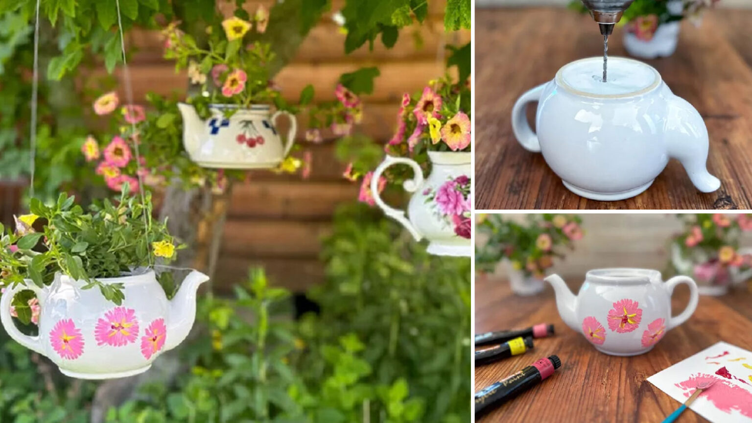 DIY κρεμαστές γλάστρες από τσαγιέρες,DIY γλάστρες,επαναχρησιμοποίηση,DIY κατασκευές κήπου,διακόσμηση κήπου,