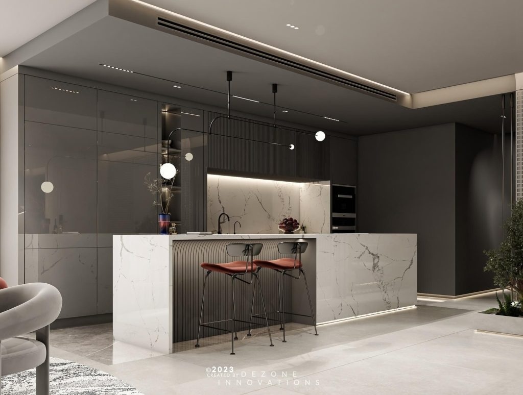 Λευκή Μίνιμαλ Ανοιχτή Κουζίνα με σκούρες Κορνίζες