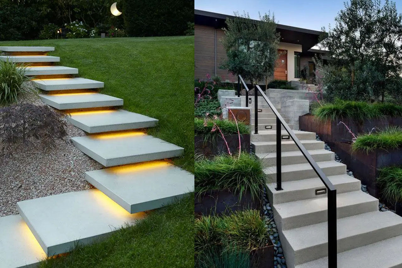 Τσιμεντένια σκαλιά κήπου: Πλεονεκτήματα, μειονεκτήματα και 41 μοντέρνες ιδέες