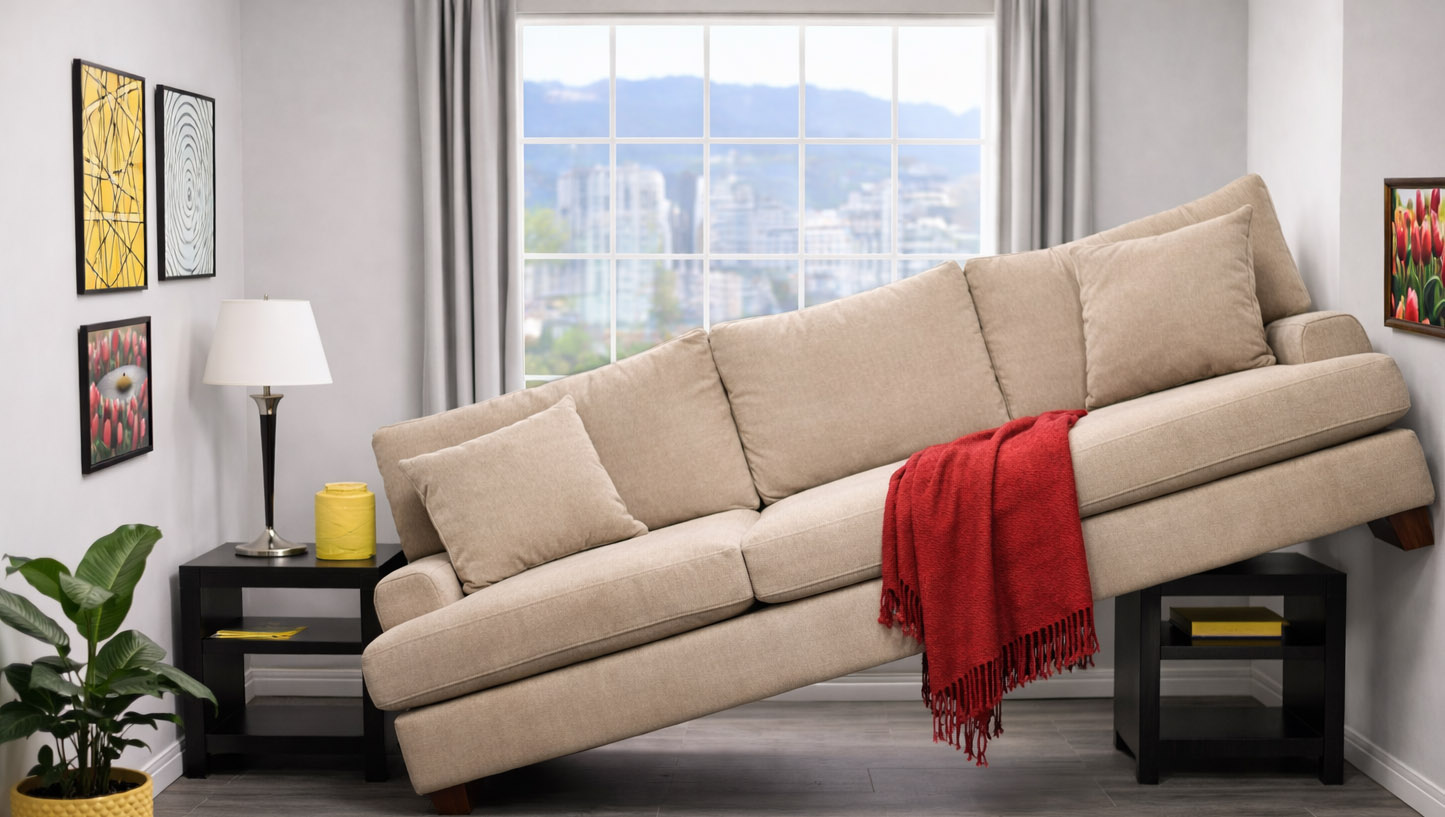 Μπεζ καναπές που δεν χωράει σε μικρό σαλόνι με κόκκινο ριχτάρι