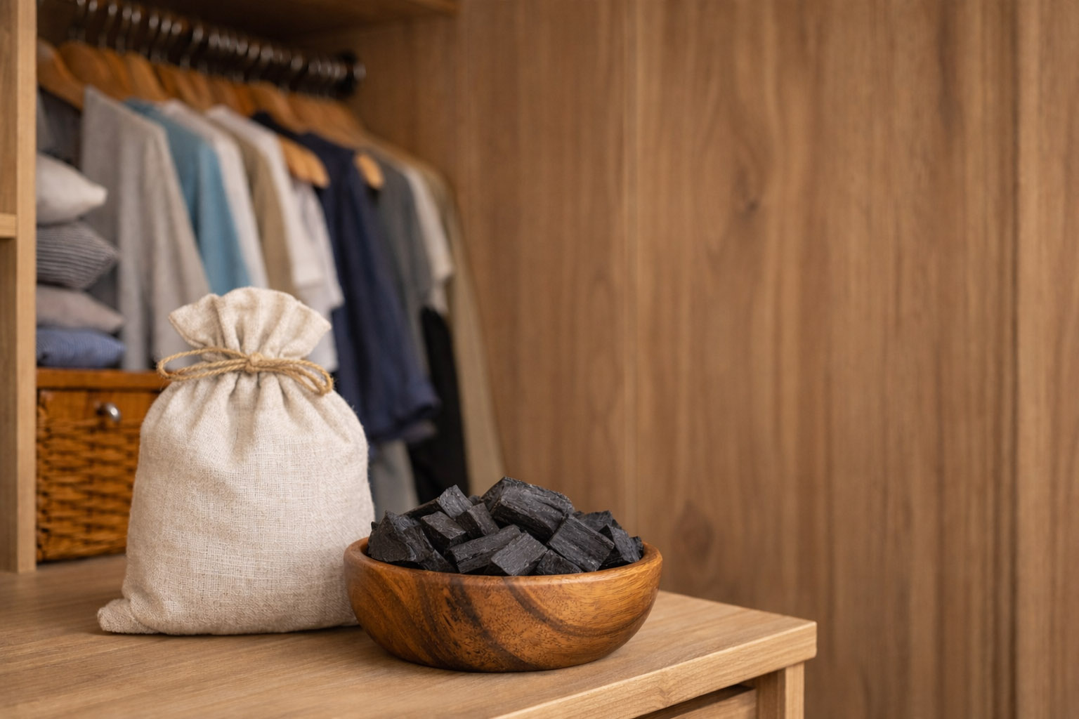 Ούτε ξίδι ούτε σόδα: η Ιαπωνική μέθοδος για να αφαιρέσεις μυρωδιές υγρασίας από τις ντουλάπες 2 Κάρβουνο από μπαμπού, ένα φυσικό υλικό που έχει μεγάλη ικανότητα να απορροφά υγρασία και μυρωδιές.