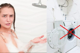 Γυναίκα στο ντους και πλυντήριο ρούχων σε λειτουργία με κόκκινο Χ