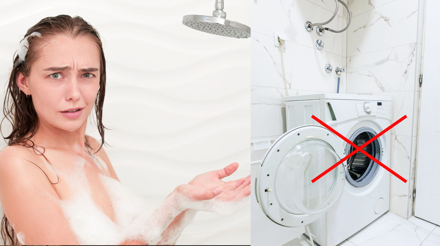 Γυναίκα στο ντους και πλυντήριο ρούχων σε λειτουργία με κόκκινο Χ